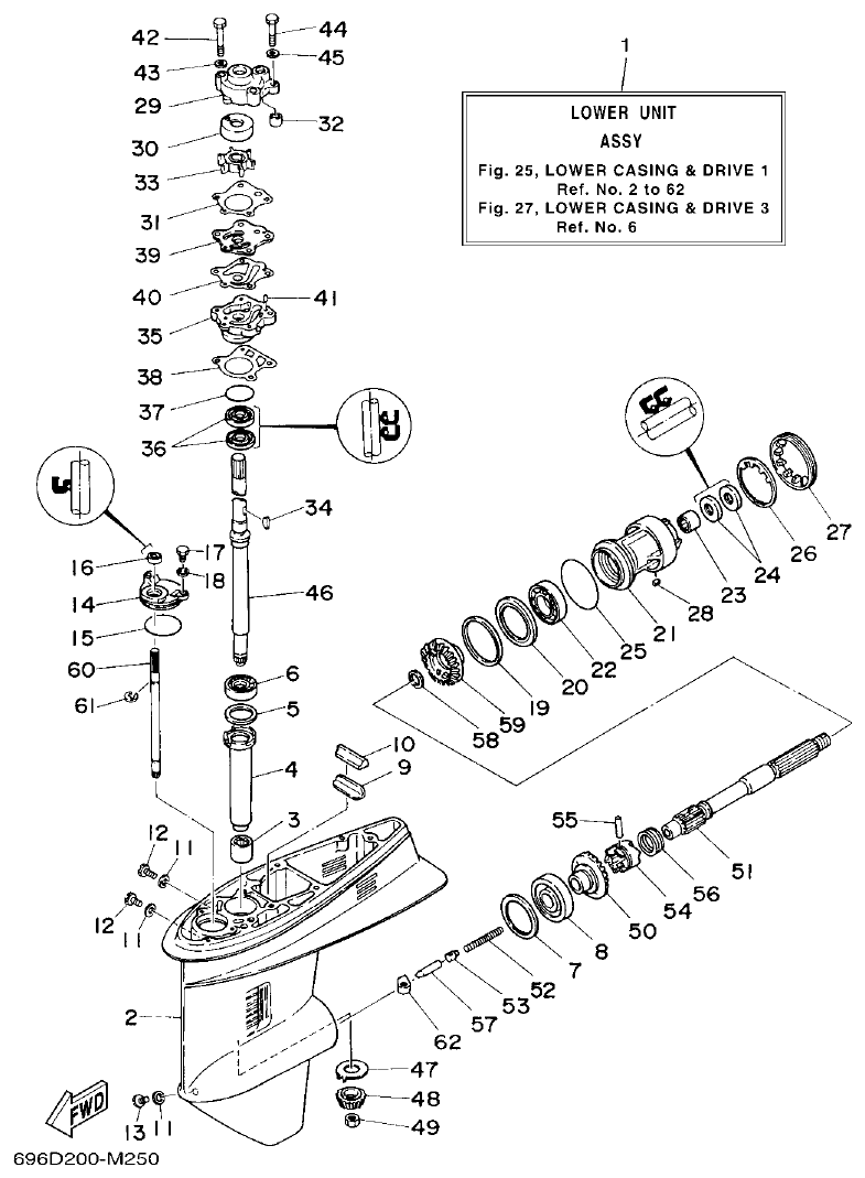 Yamaha E48C, E55C, 55B, E48CMH, E55CMH LOWER CASING & DRIVE 1 parts diagram